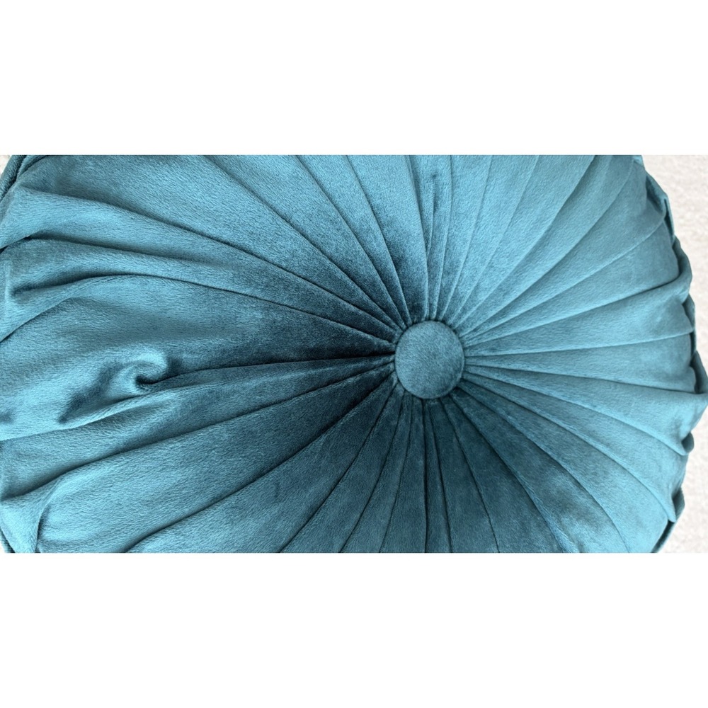 Round Velvet Throw Pillow Pumpkin Teal Blue Green Tufted Pleated Cushion Decor - Picture 15 of 16